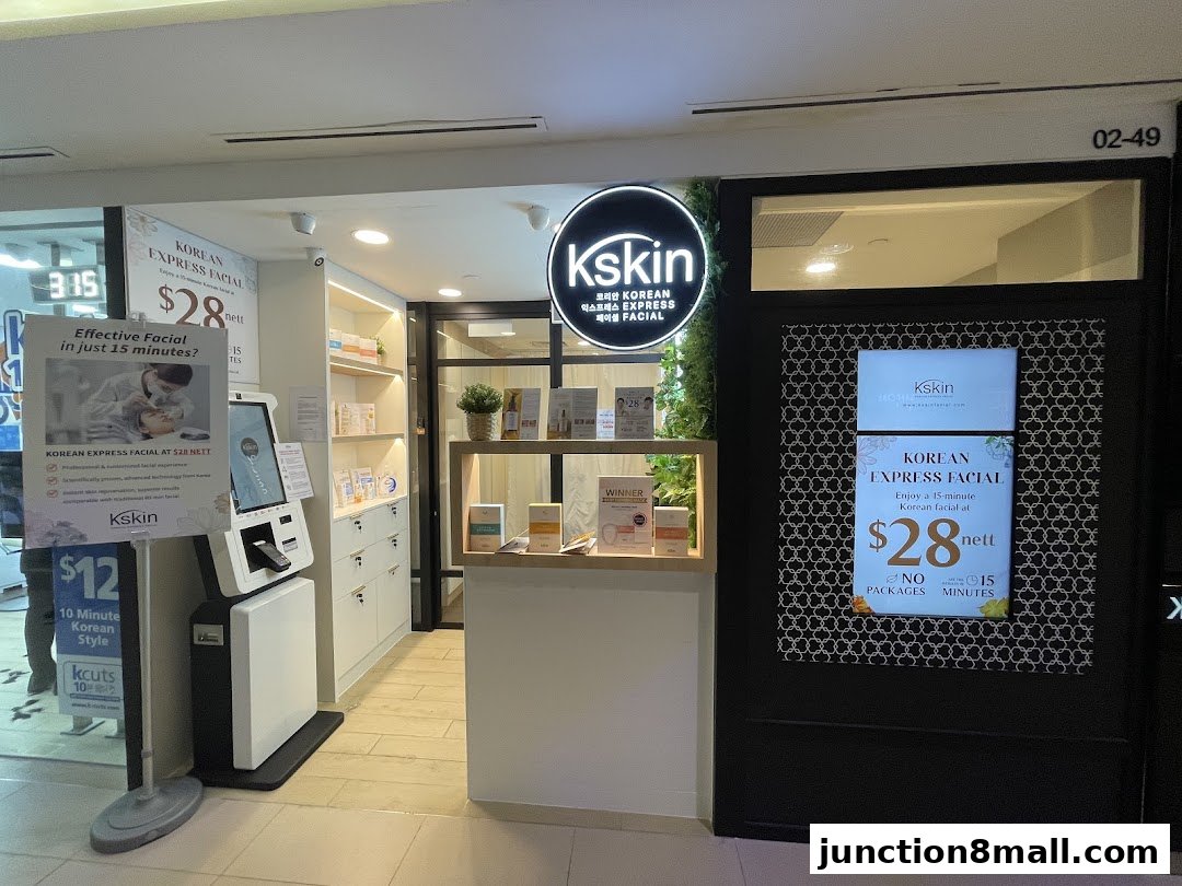The Kskin Korean Express Facial shop front with promotional signage and an ATM-like kiosk.