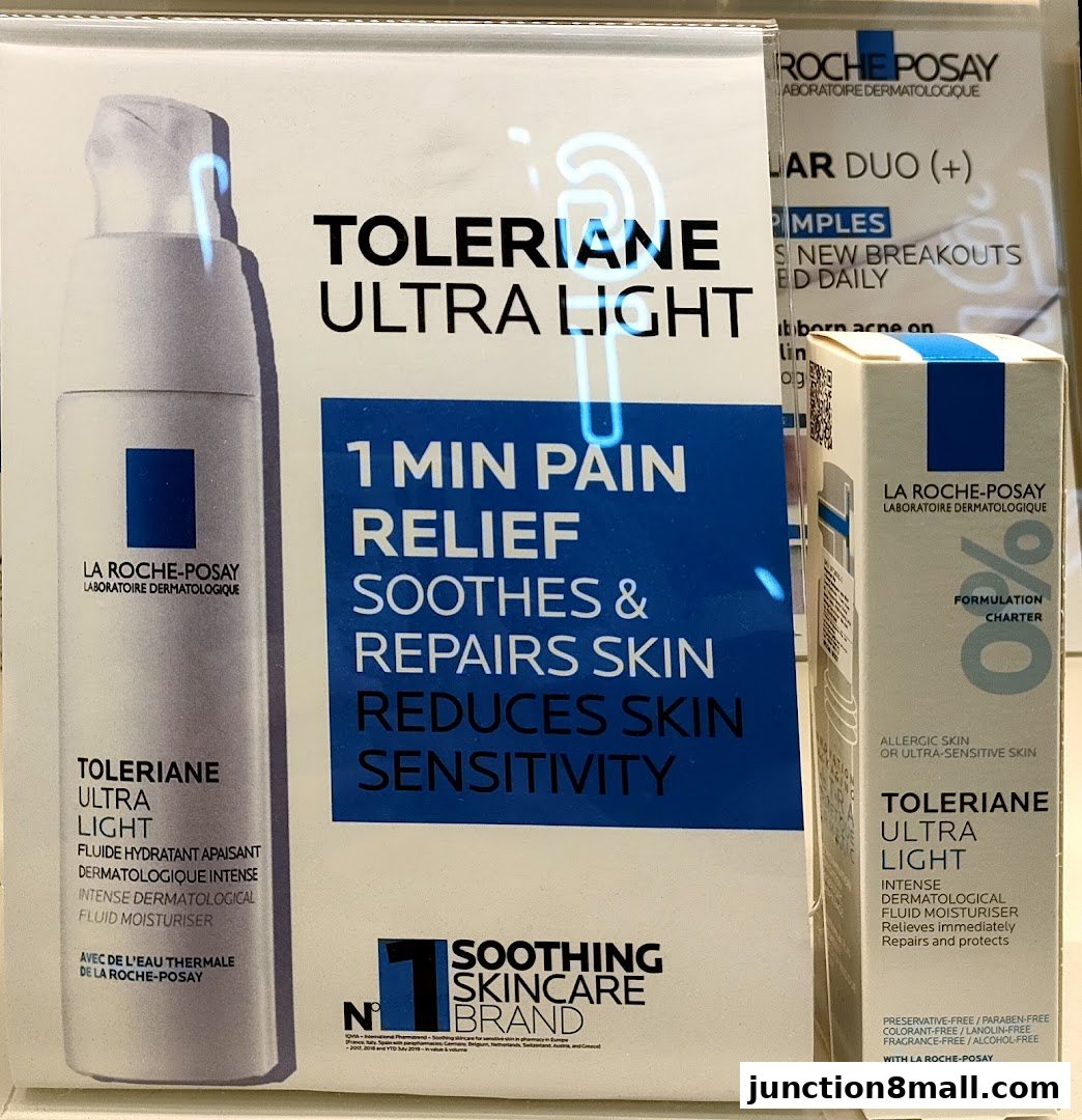 Display of La Roche-Posay Toleriane Ultra Light skincare products and their benefits.