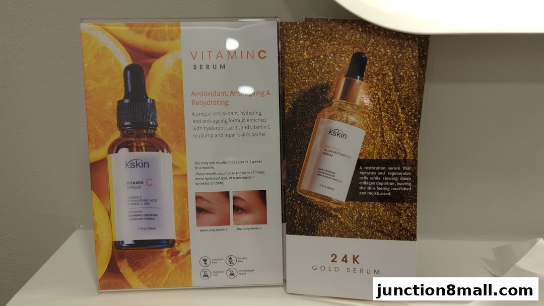 Display of Kskin Vitamin C and 24K Gold serums with product information and before/after images.