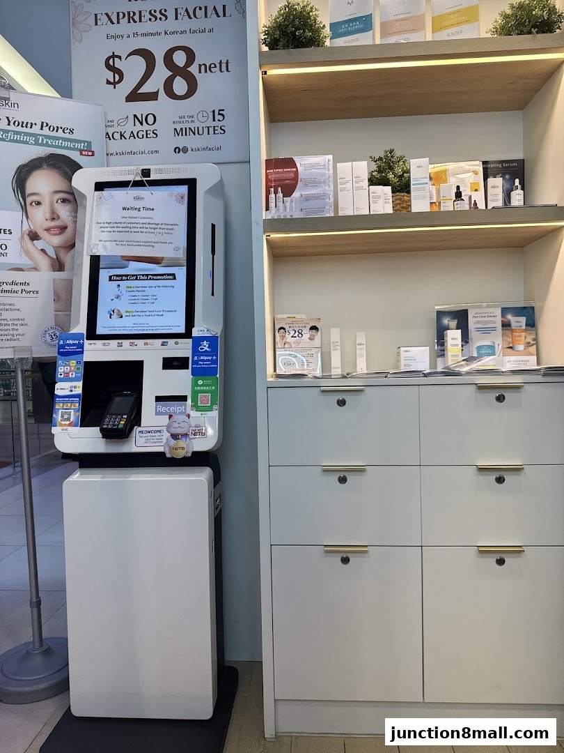 Kskin Korean Express Facial shop with a self-service kiosk and shelves displaying skincare products.