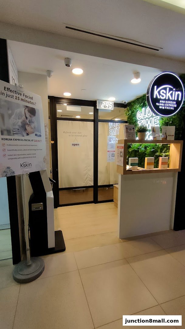 The entrance to Kskin Korean Express Facial, featuring a sign advertising express facials.