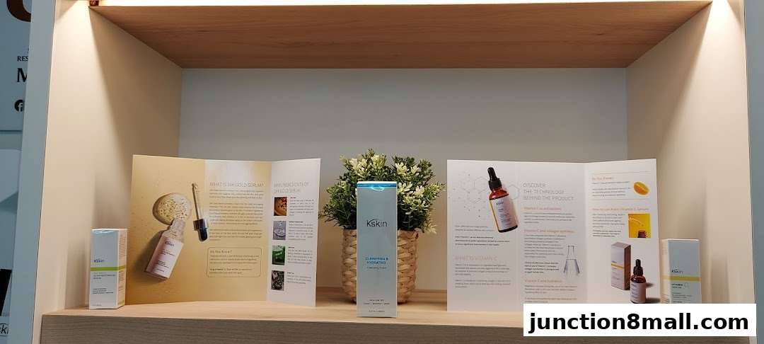 A display shelf featuring Kskin Korean skincare products and informational brochures.