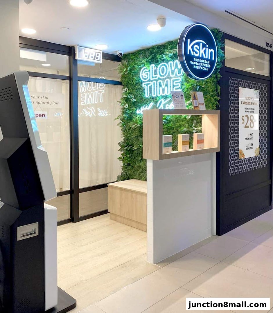 Kskin Korean Express Facial shop with a green wall, neon signs, and a display shelf.