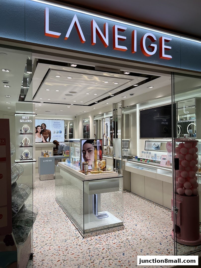 The exterior of a LANEIGE beauty store, showcasing its products and branding.