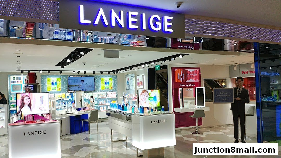 The brightly lit interior of a LANEIGE beauty store, showcasing skincare and makeup products.