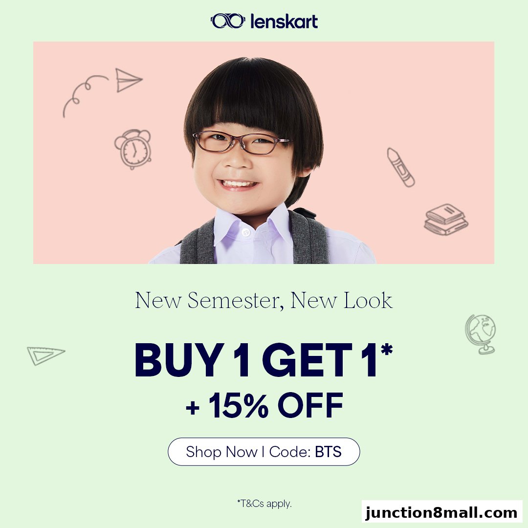 A young boy wearing glasses smiles, with school-themed doodles and a special offer from Lenskart.