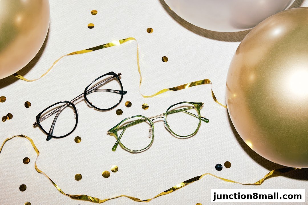 Two pairs of stylish eyeglasses are displayed with festive balloons and confetti.