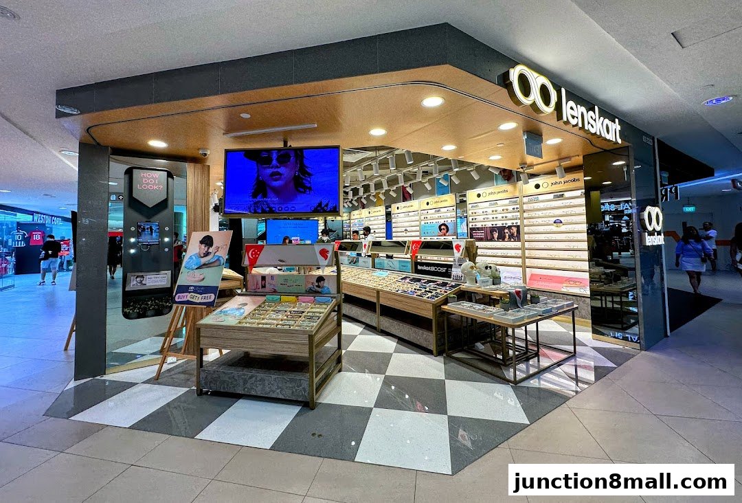 A Lenskart store with a display of eyeglasses and a digital screen showing fashion.