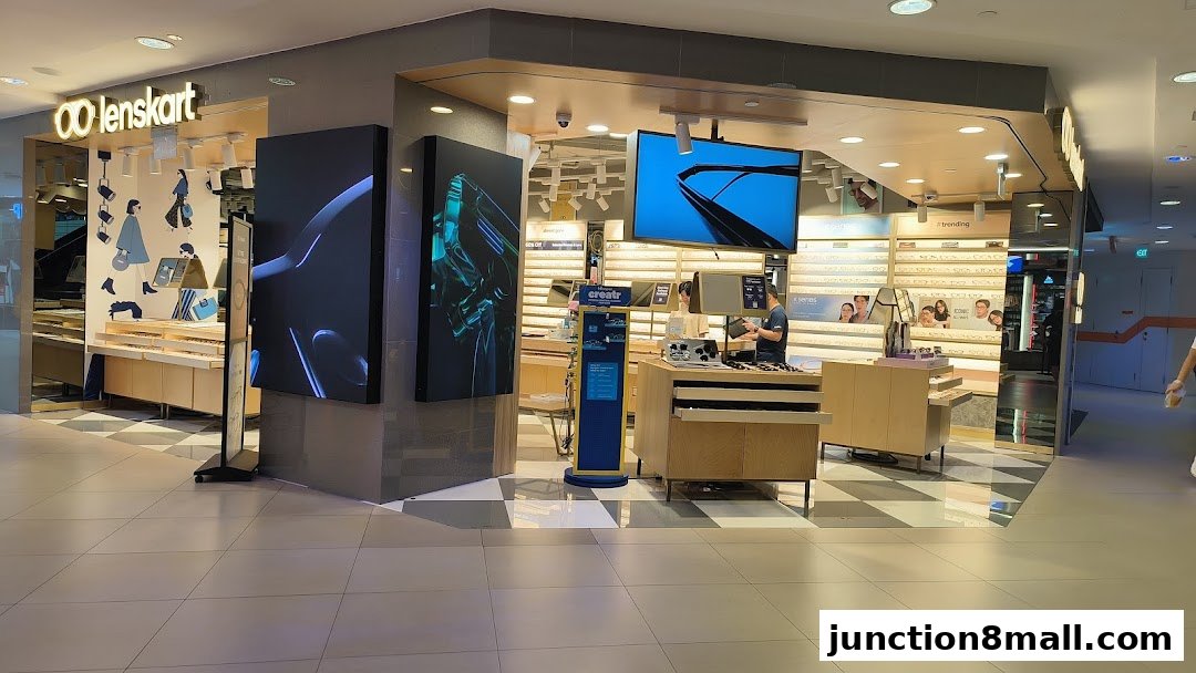 The Lenskart store features a modern interior with displays of eyewear and digital screens.