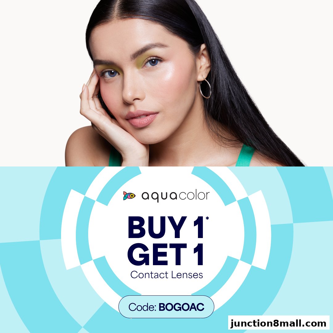 A woman with striking eye makeup and blue contact lenses is featured in a promotional image.