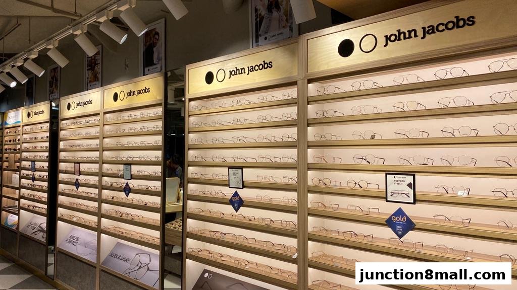 Interior view of a Lenskart store showcasing a wide selection of eyeglasses on display shelves.