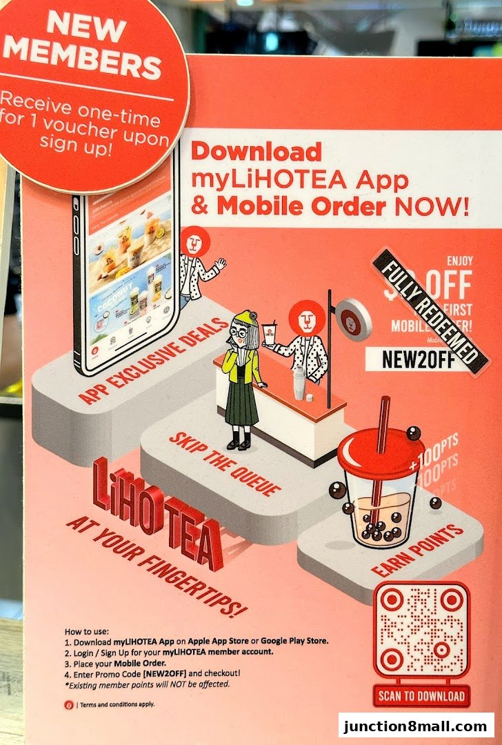 Promotional poster for LiHO TEA app download with new member benefits and discounts.