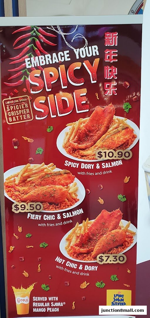 A menu board for Long John Silvers featuring spicy fish and chicken meals with fries and drinks.