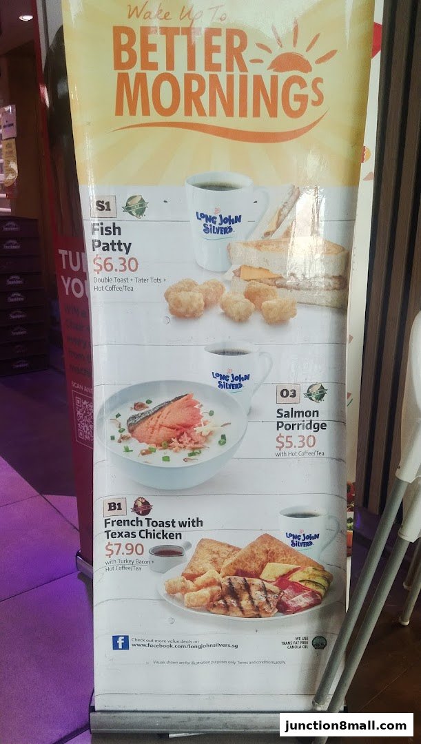 A promotional banner for Long John Silver's breakfast menu featuring three meal options.