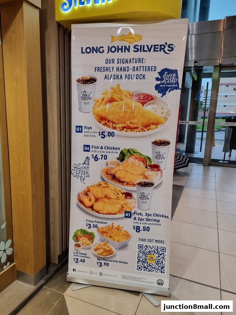 A promotional banner for Long John Silver's featuring their signature fish and chicken meals.
