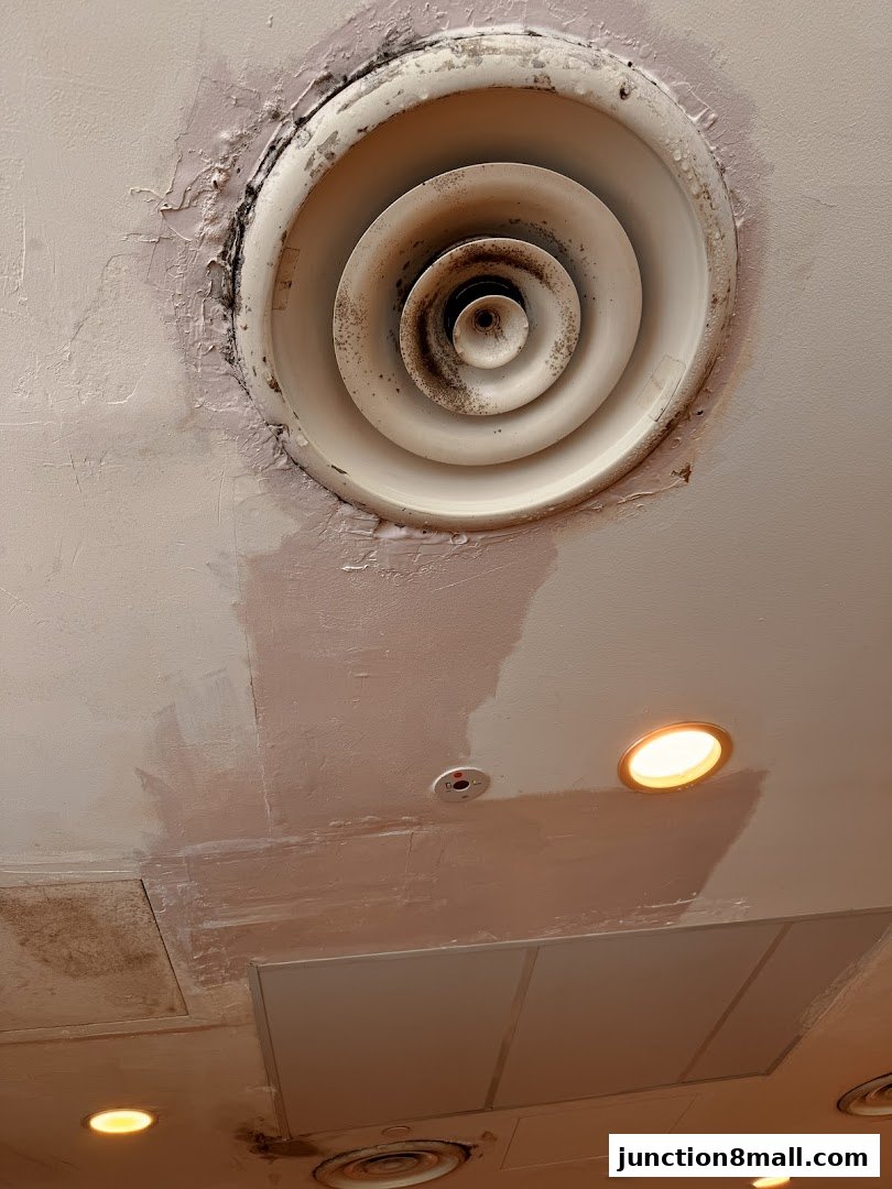 A ceiling with a dirty air vent, water stains, and lights.