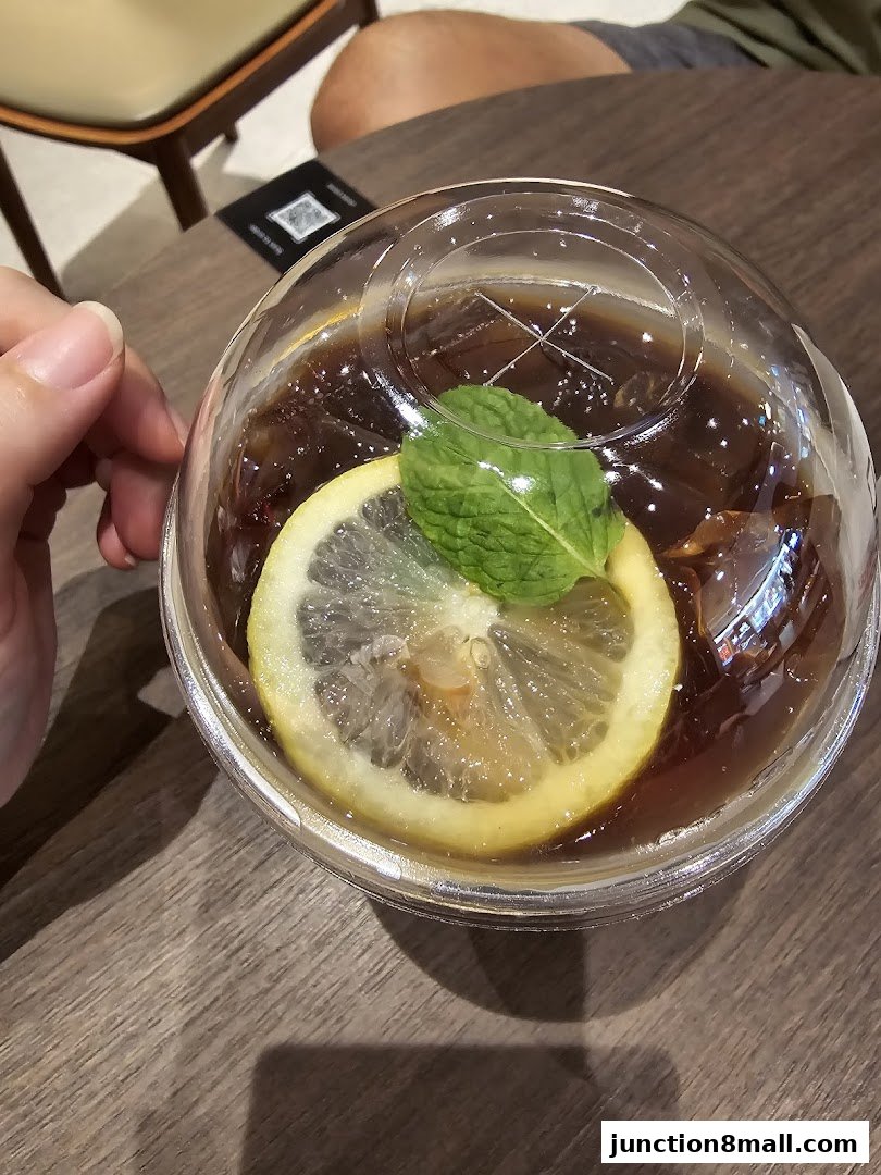 A hand holds a clear cup of iced coffee with lemon and mint.