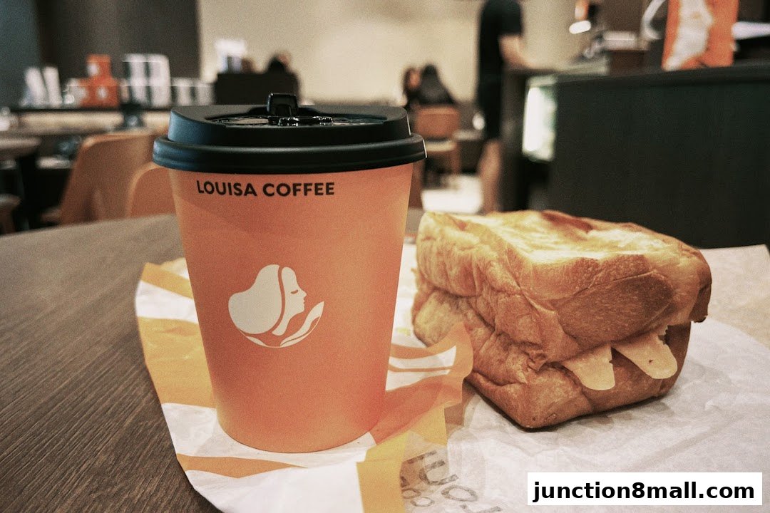 A coffee cup and a grilled cheese sandwich on a table at Louisa Coffee.