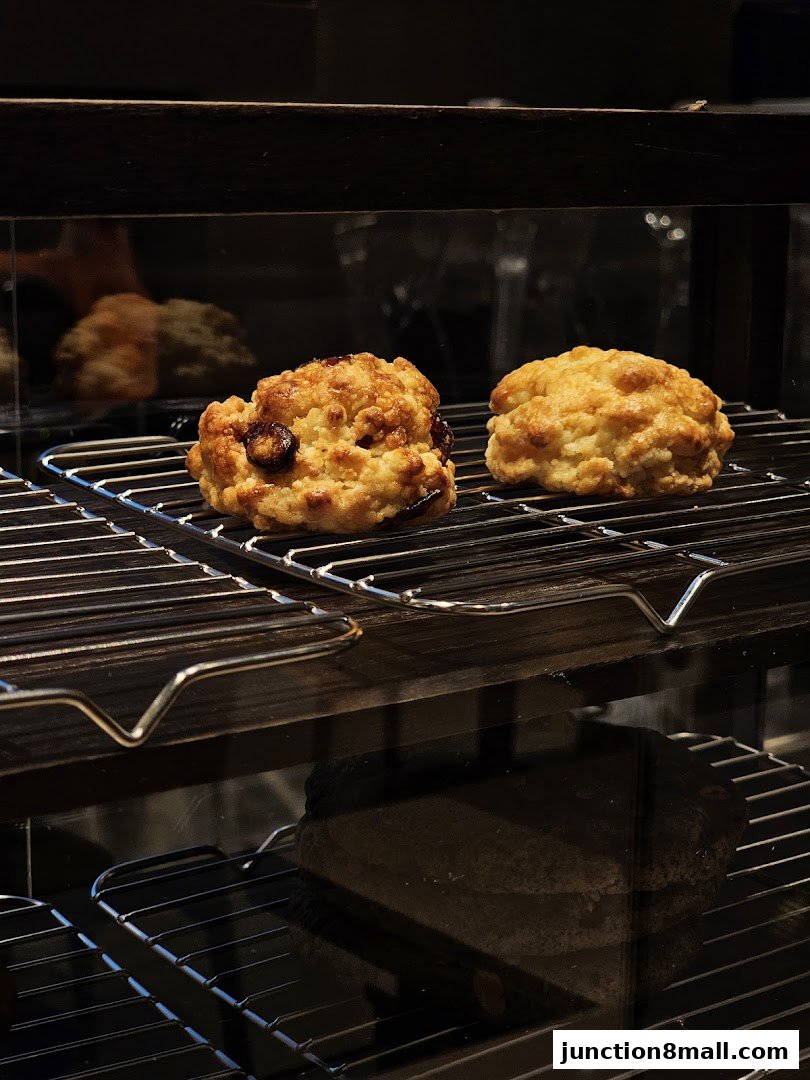 Two freshly baked scones displayed on a wire rack inside a display case.