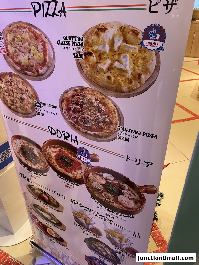 A menu board displaying various pizzas, dorias, grills, and appetizers with prices.