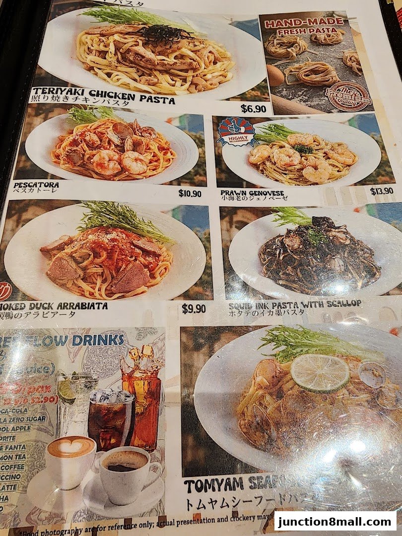 A menu featuring various pasta dishes and drinks with appealing food photography.