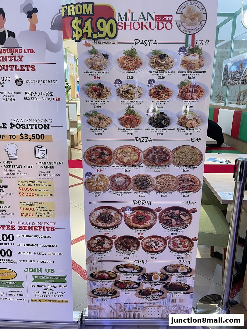 A promotional banner for Milan Shokudo Junction 8, showcasing various pasta, pizza, doria, and grill dishes.