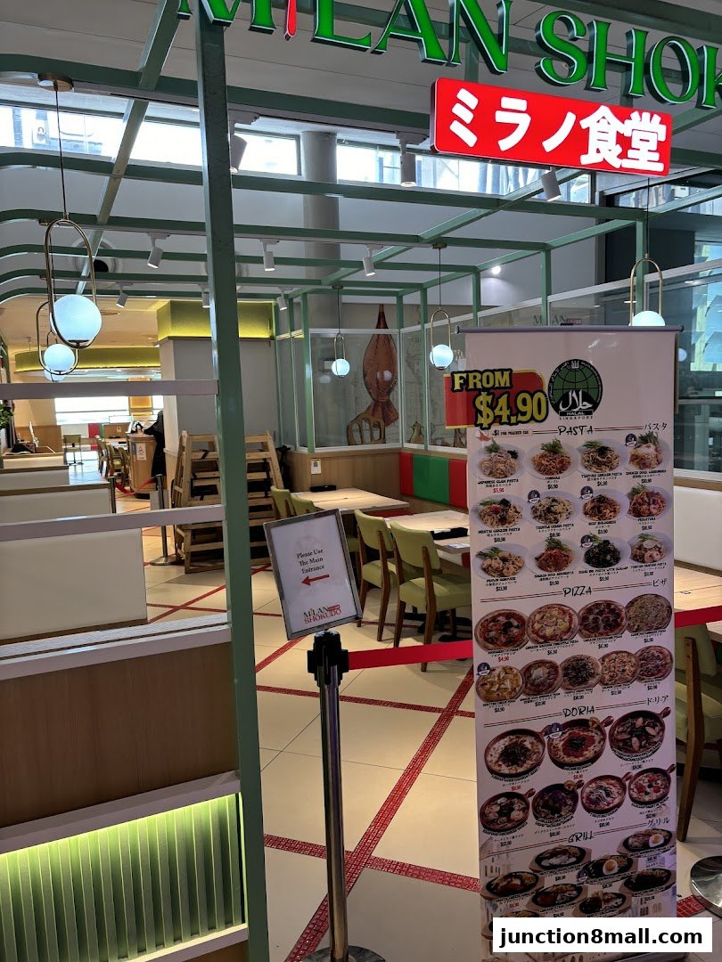 A menu display for Milan Shokudo Junction 8, showcasing pasta, pizza, doria, and grill dishes.