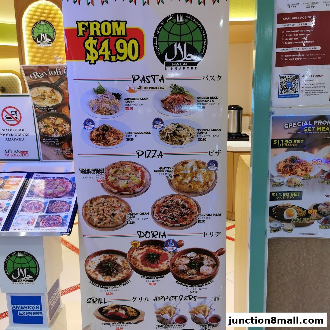A menu board displaying various pasta, pizza, doria, and grill items with prices.