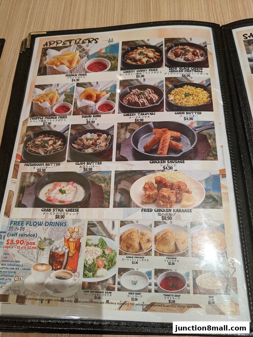 A menu featuring appetizers, free-flow drinks, and various side dishes with accompanying images.