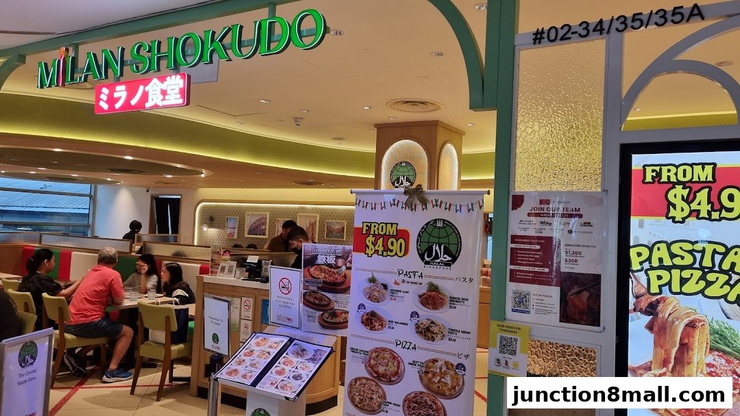 Milan Shokudo Junction 8 shop front with customers dining and promotional banners.