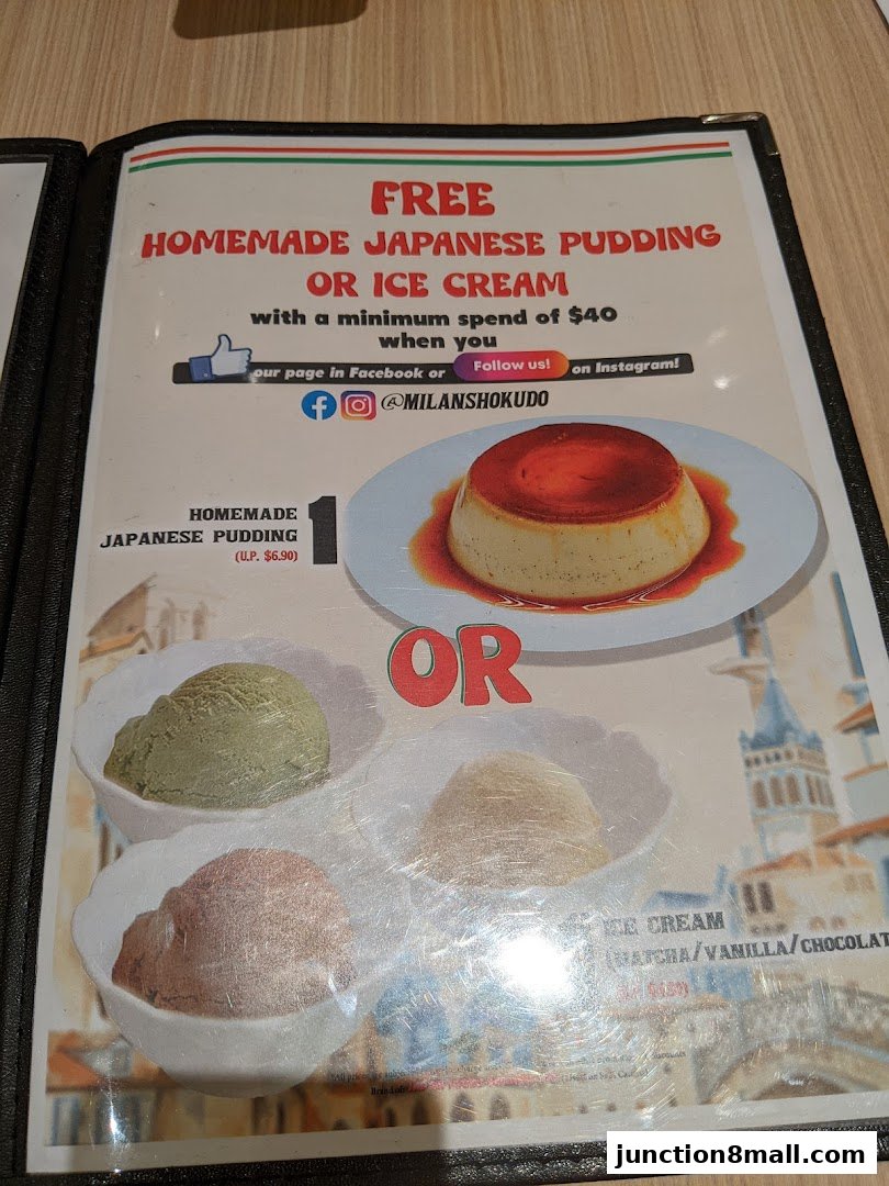 A menu offering free homemade Japanese pudding or ice cream with a minimum spend.