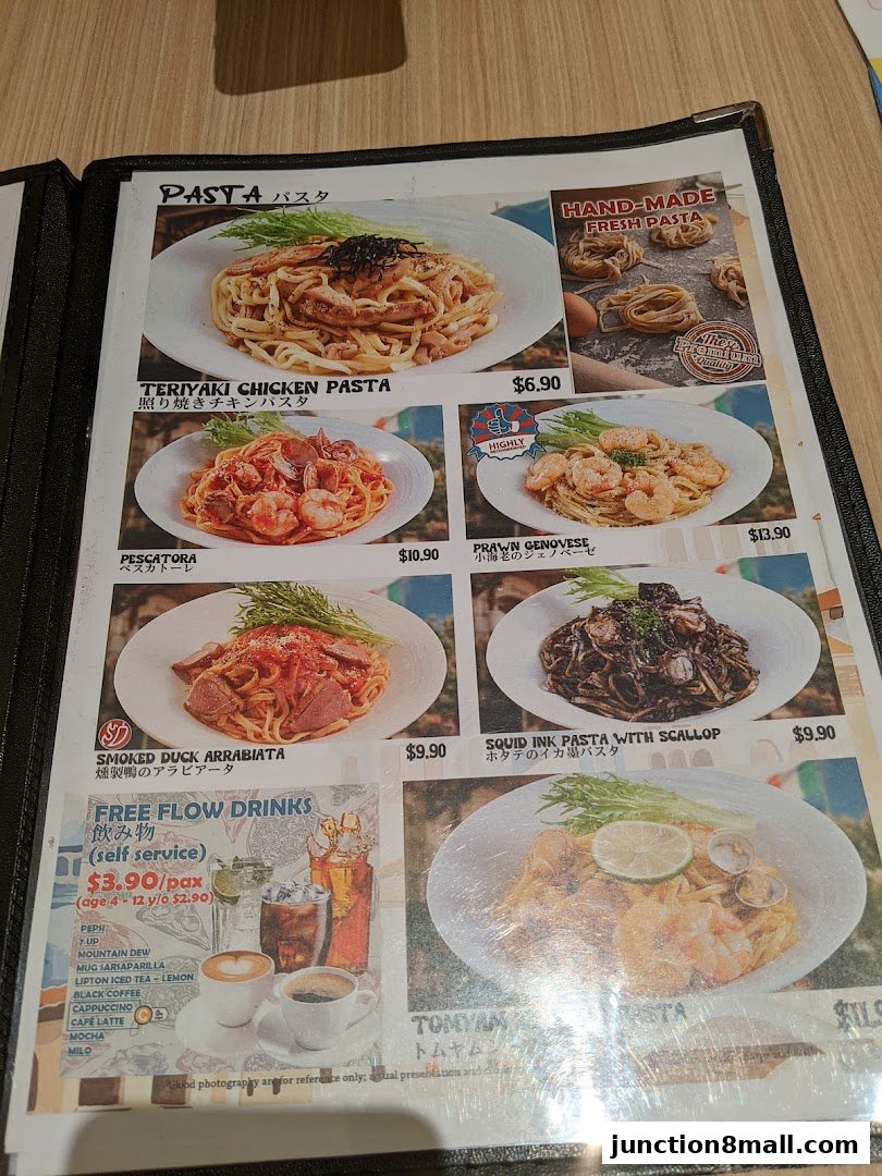 A menu page showcasing various pasta dishes and free-flow drinks with prices.