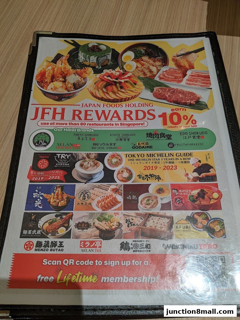 A menu showcasing various Japanese food items and restaurant brands with a rewards program.