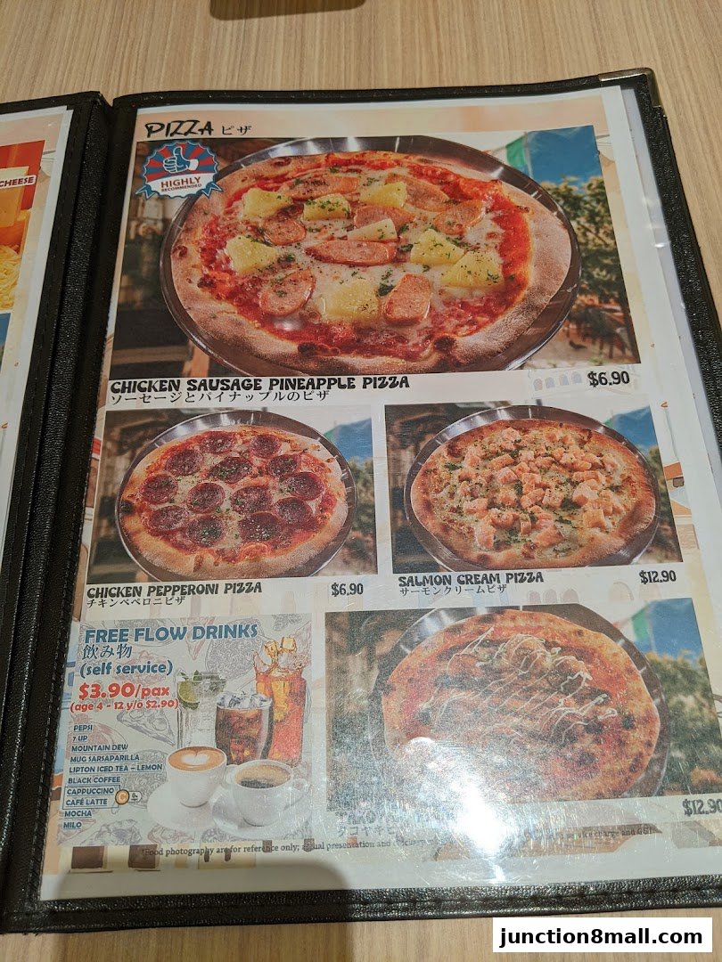 A menu featuring pizzas and free-flow drinks with prices and descriptions.
