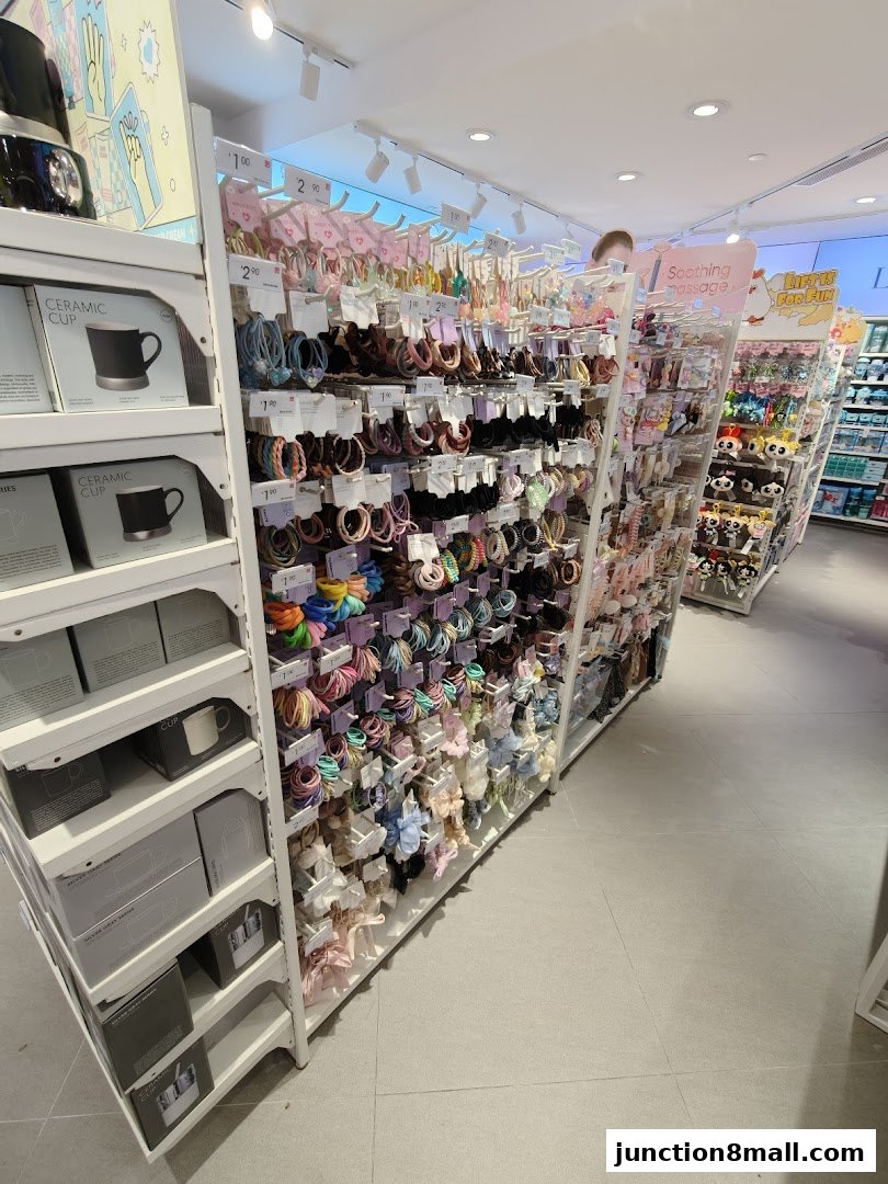 A brightly lit retail store aisle showcasing a wide variety of hair accessories and ceramic cups.