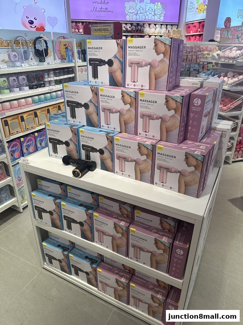 A display of Miniso massagers in black and pink, neatly arranged on shelves.
