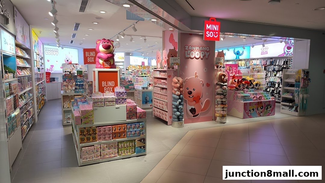 Interior view of a Miniso store filled with various merchandise, including blind boxes and plush toys.