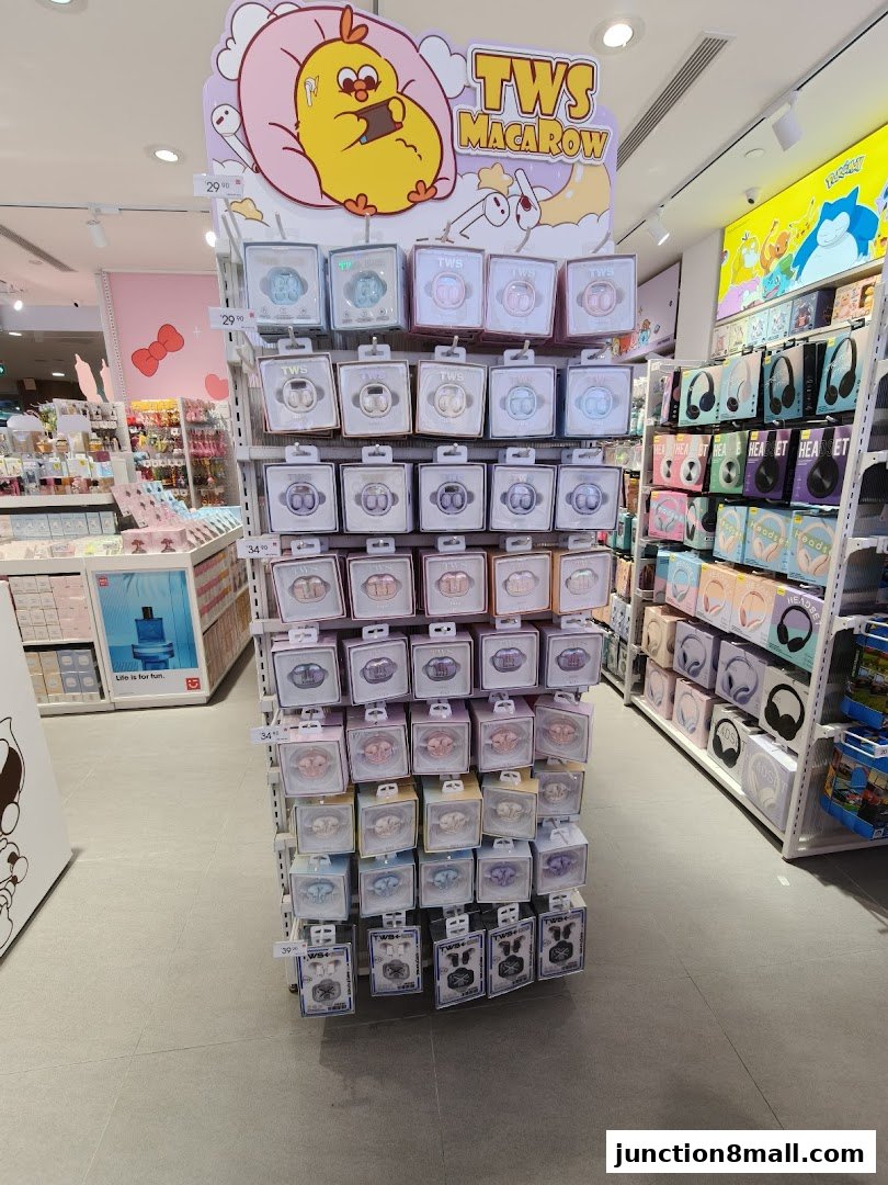 A display of colorful TWS Macaron headphones and other accessories in a retail store.