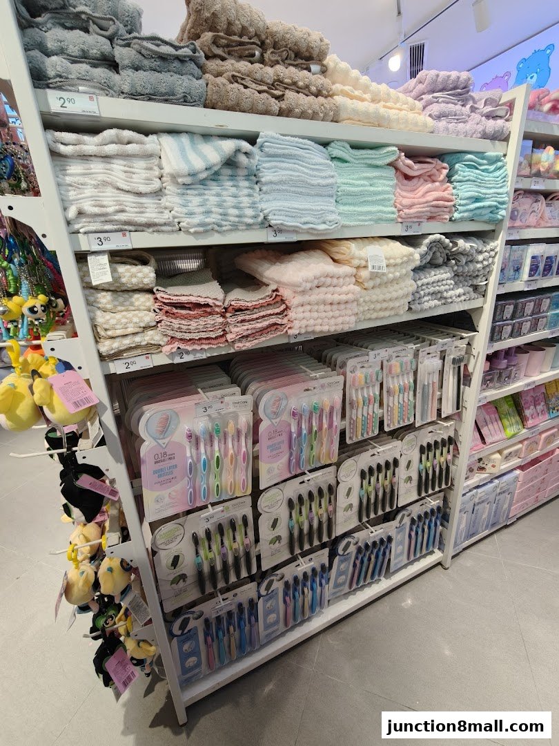Shelves stocked with colorful towels, toothbrushes, and plush toys in a retail store.