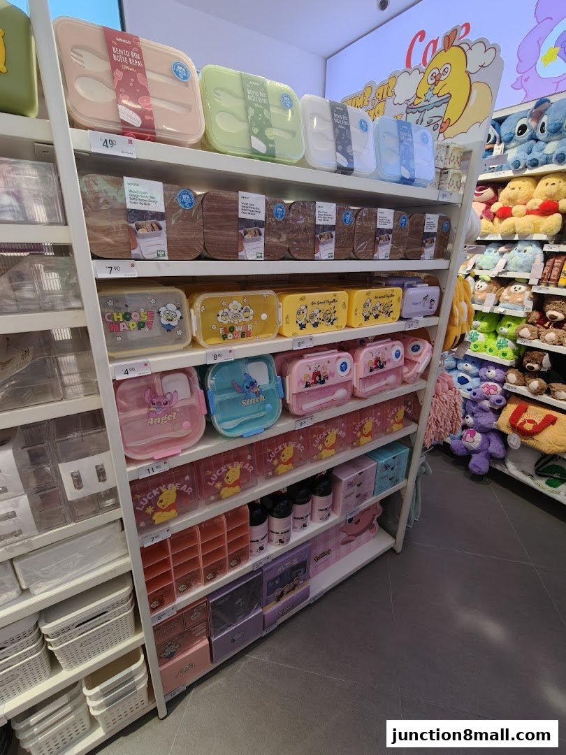 Shelves stocked with colorful bento boxes, storage containers, and plush toys.