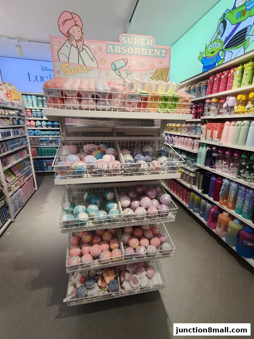 Shelves stocked with colorful bath bombs and water bottles, with a Disney advertisement in the background.