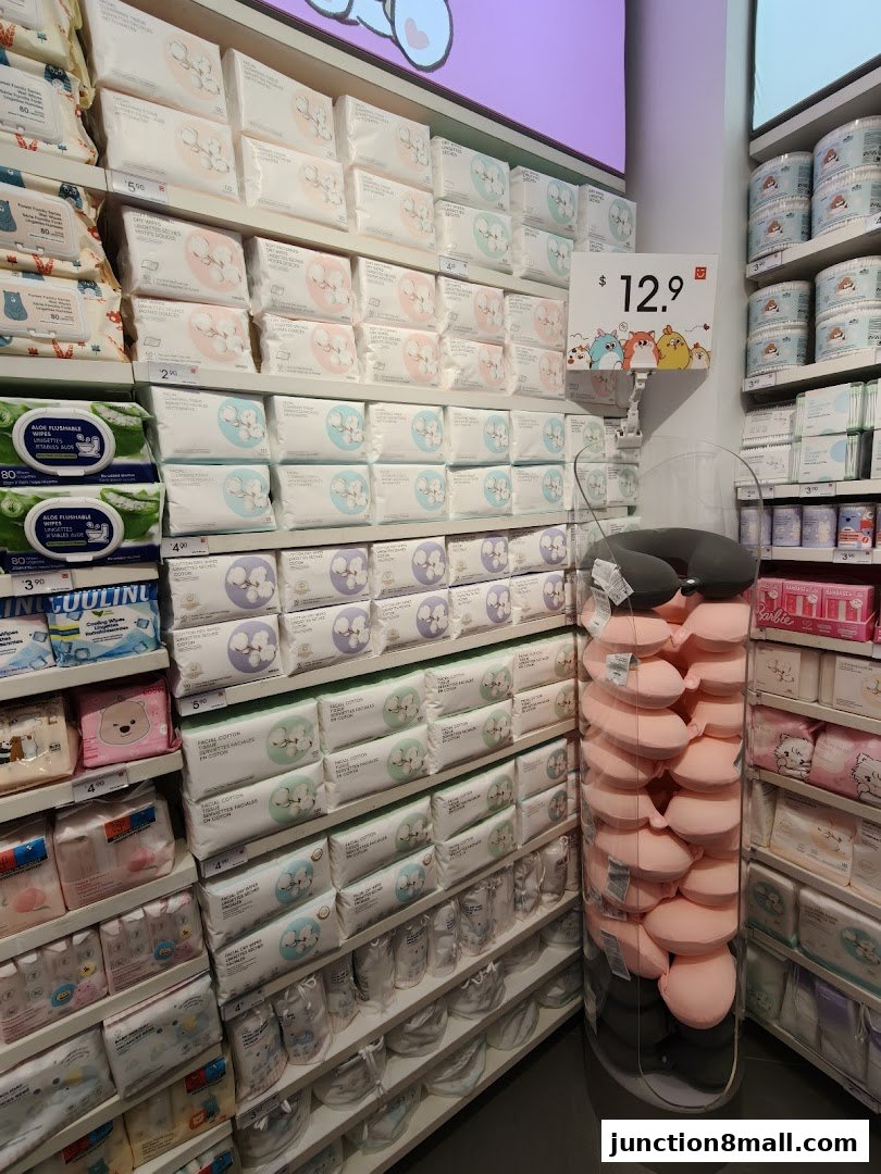 Shelves stocked with facial cotton pads, wet wipes, and neck pillows in a retail store.