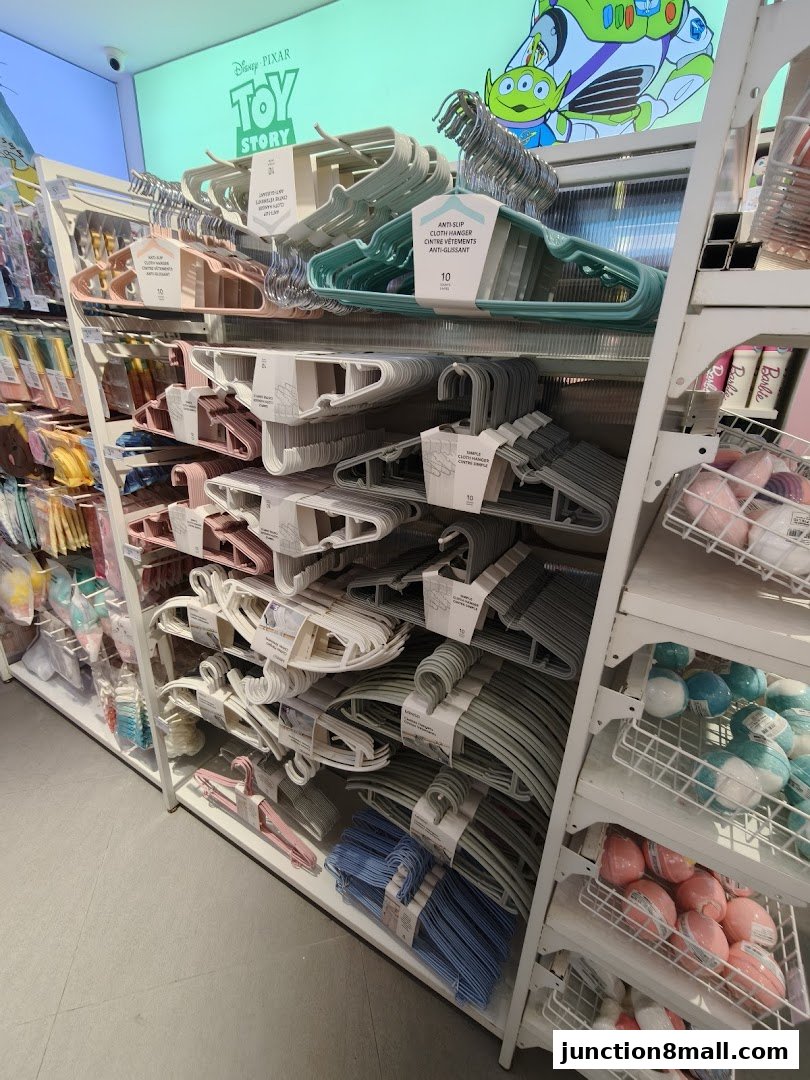 A display of various colored hangers and bath bombs in a retail store.