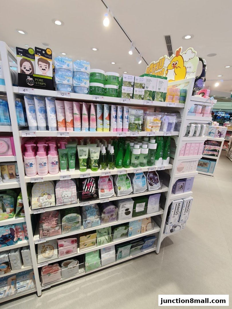 Shelves stocked with skincare products, face masks, and beauty items at Miniso.