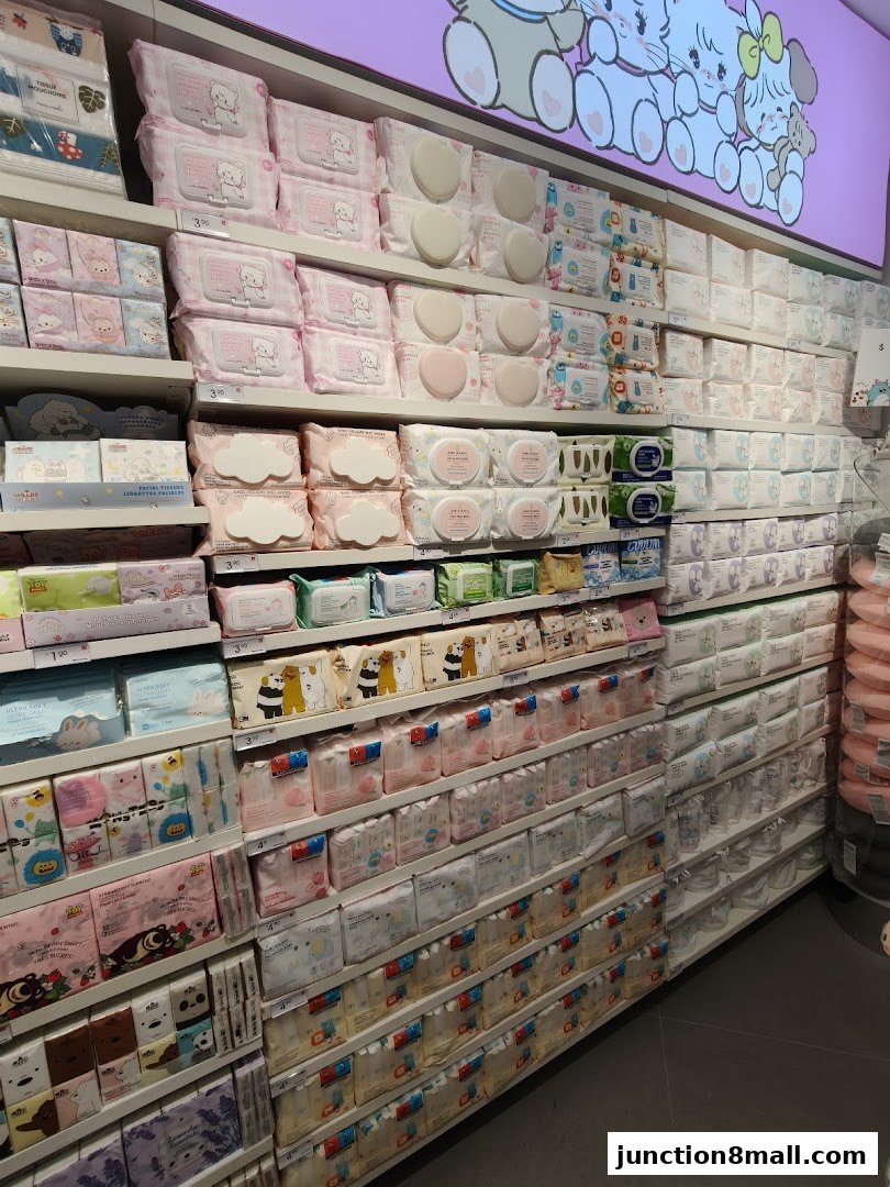 Shelves stocked with various packaged wet wipes and facial tissues, featuring cute cartoon designs.