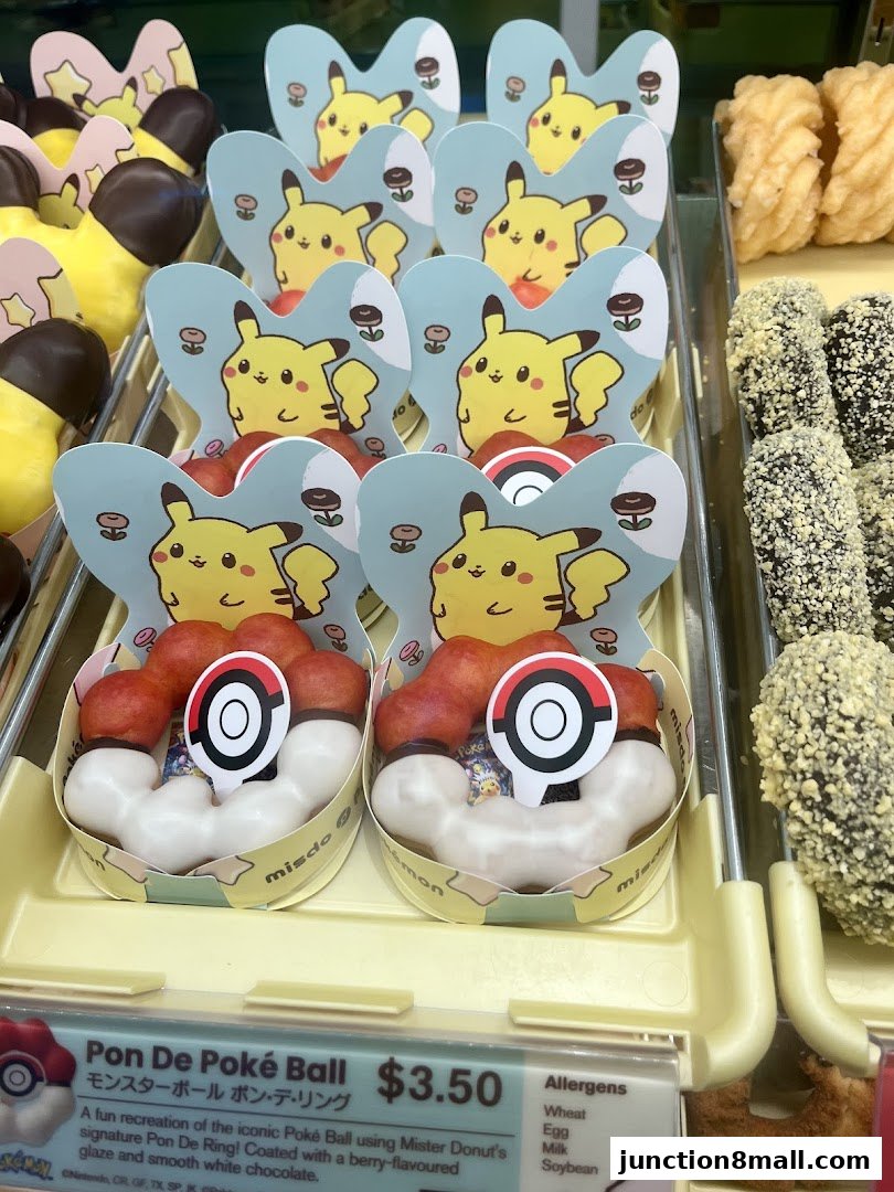 Mister Donut displays Pokémon-themed donuts, including a Poké Ball design.