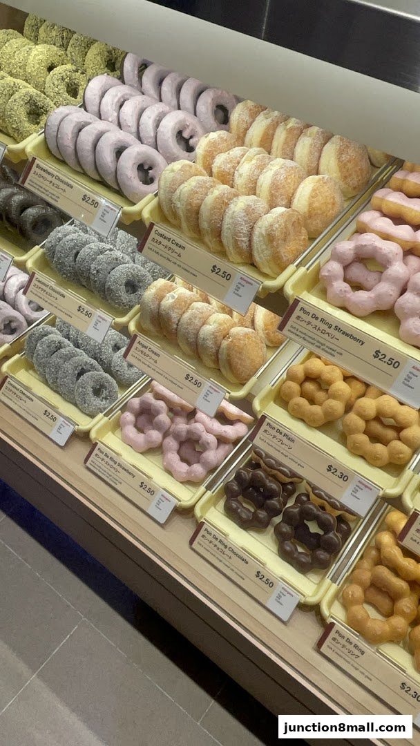 A display case filled with a variety of colorful and delicious donuts from Mister Donut.
