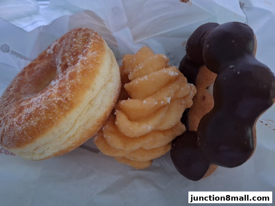 Three delicious donuts, one sugared, one fluted, and one chocolate-glazed, are presented in a white bag.