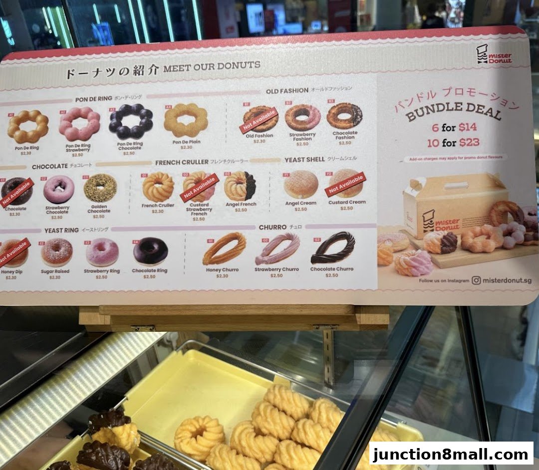 A menu board showcasing various types of donuts and churros with prices and bundle deals.