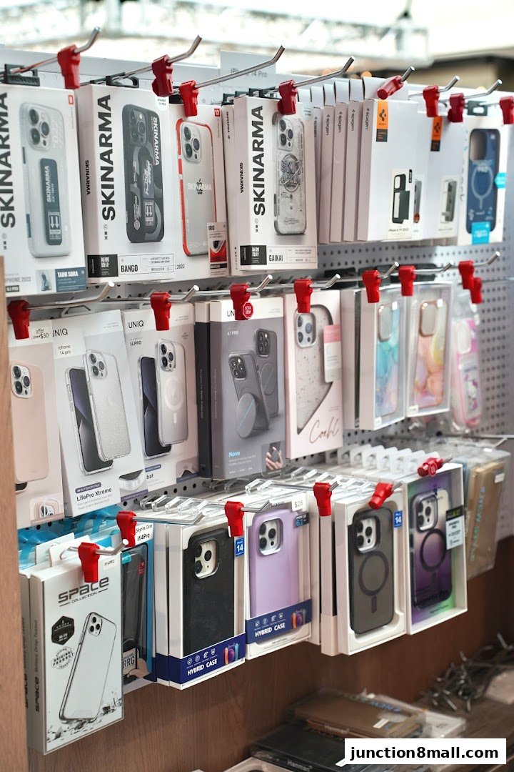 A display of various phone cases for iPhones and other devices.